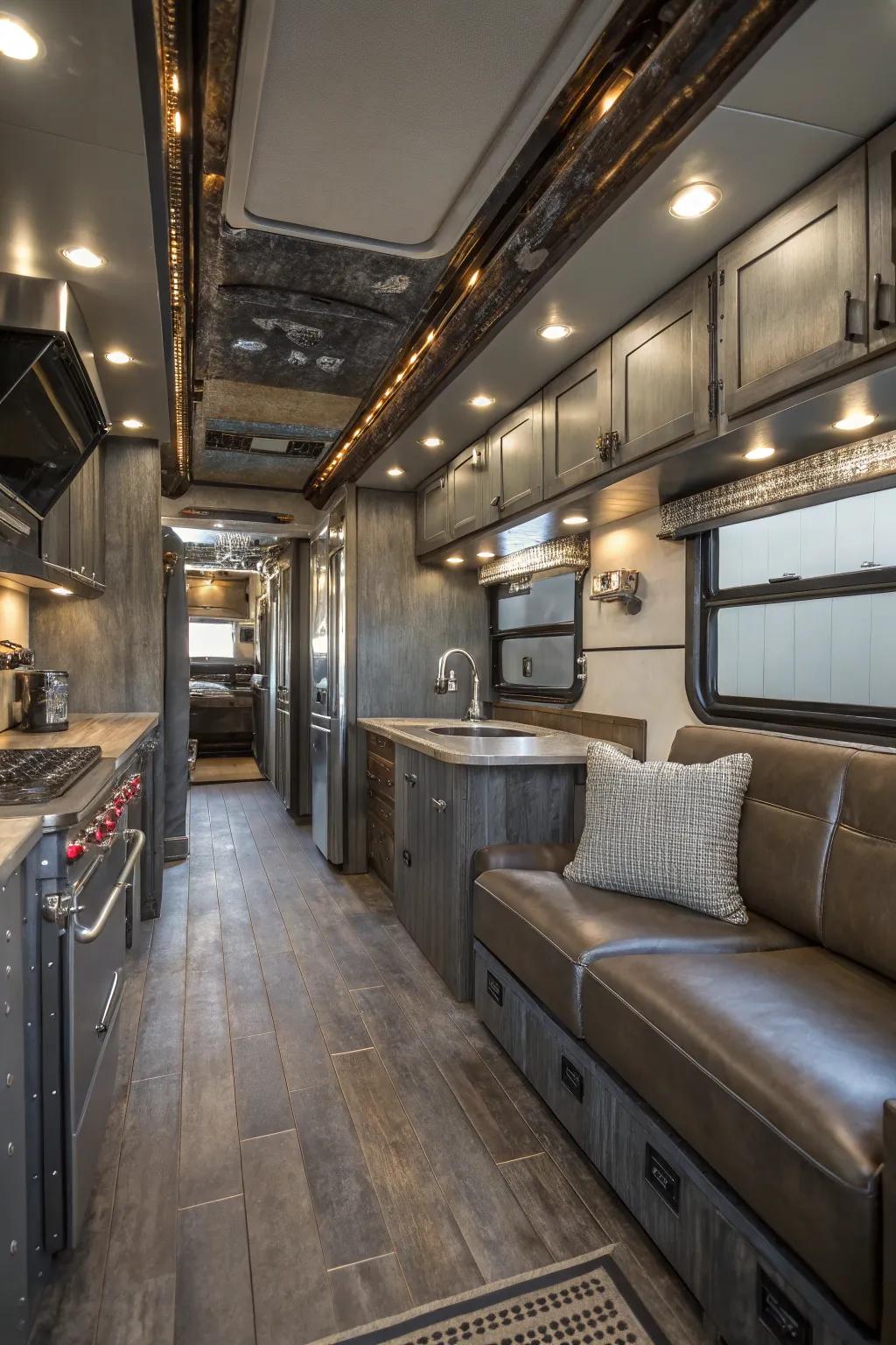 Industrial elements include personality to this RV interior.