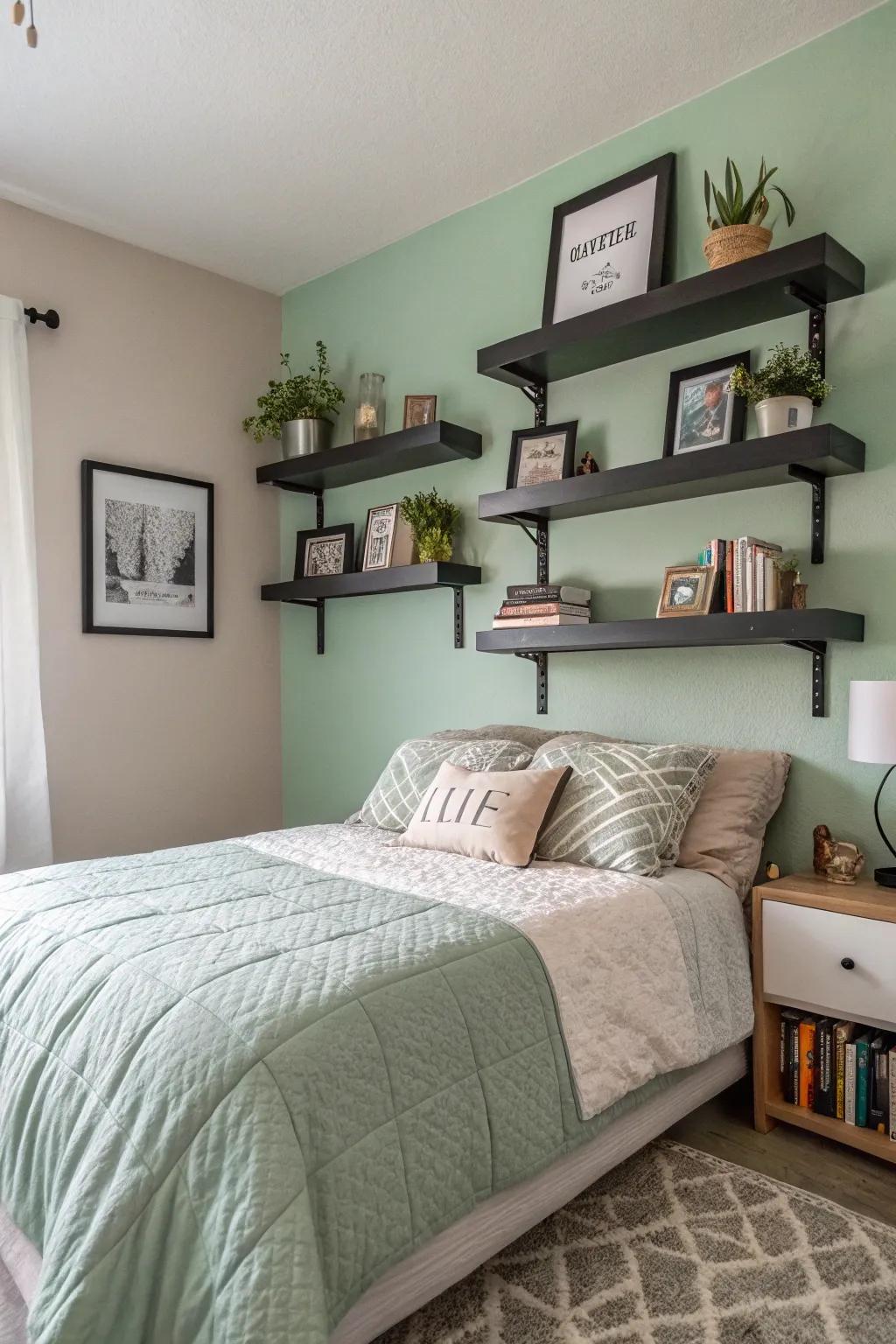 Hanging shelves offer stylish storage and display options in the bedroom.