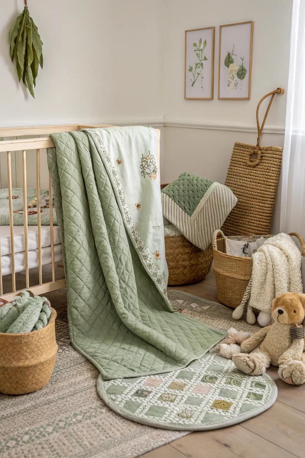 Layered textures add depth and luxury to a verdant mist nursery.