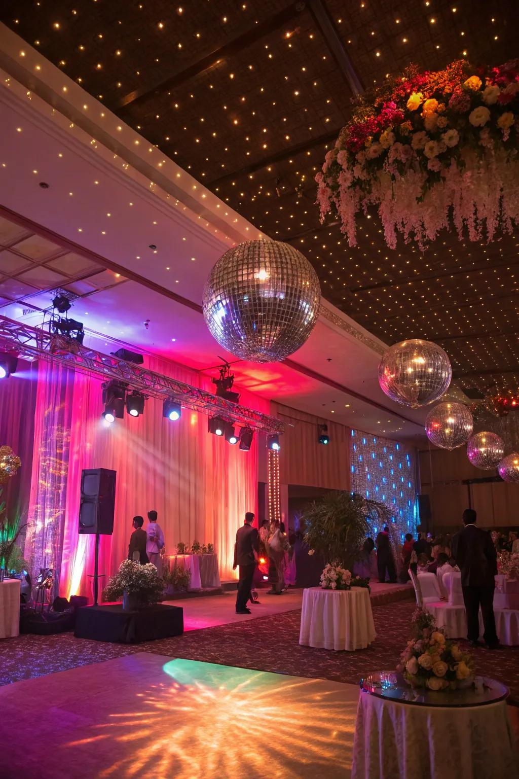 Disco orbs and vibrant lighting for vintage vibes.