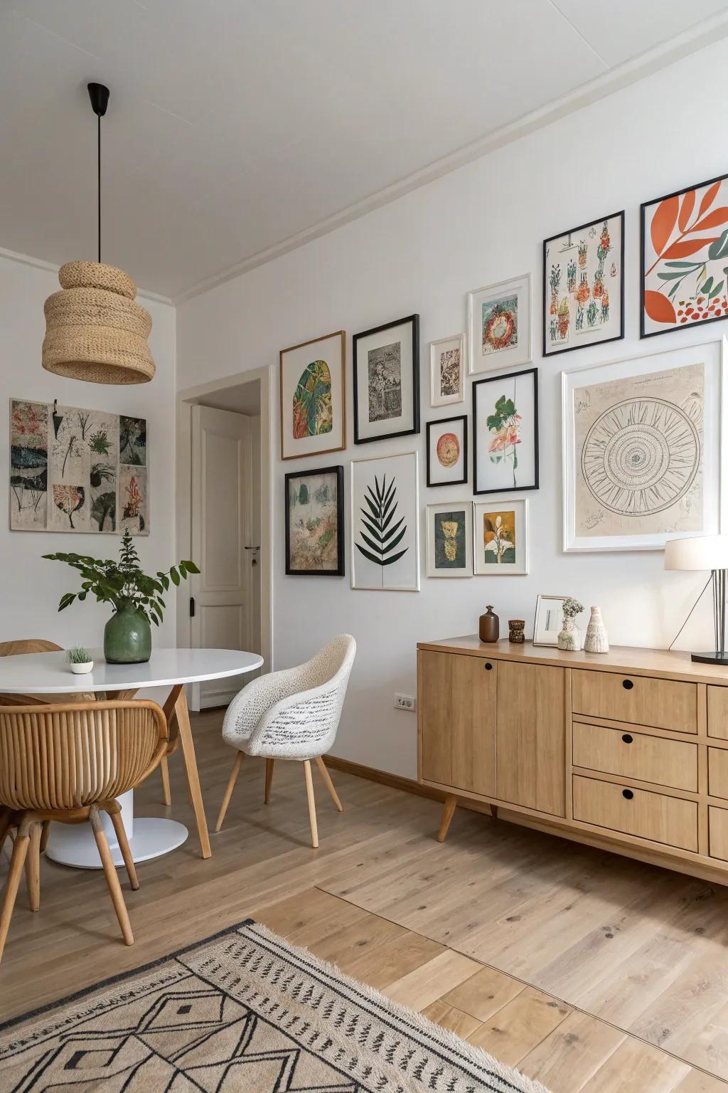 Varied art pieces bring personality to this Scandinavian room.