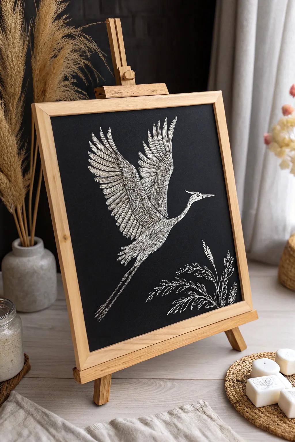Capture the grace of flight with this stunning bird silhouette on scratchboard—where elegance meets craftsmanship.