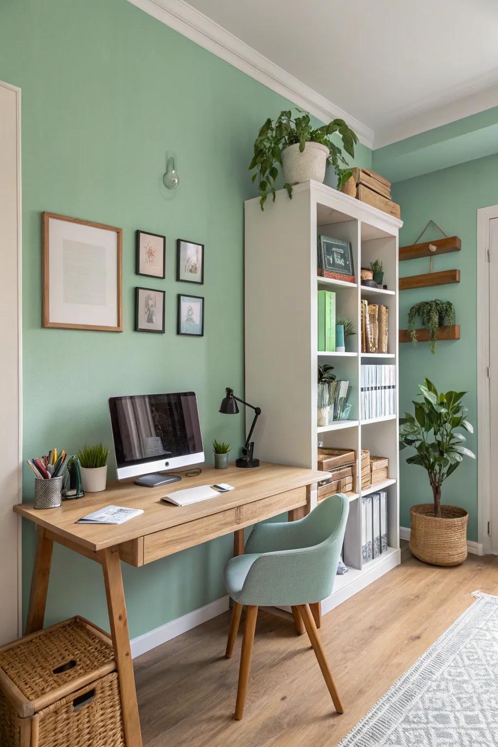 A home office with serene seafoam green walls designed to improve focus.