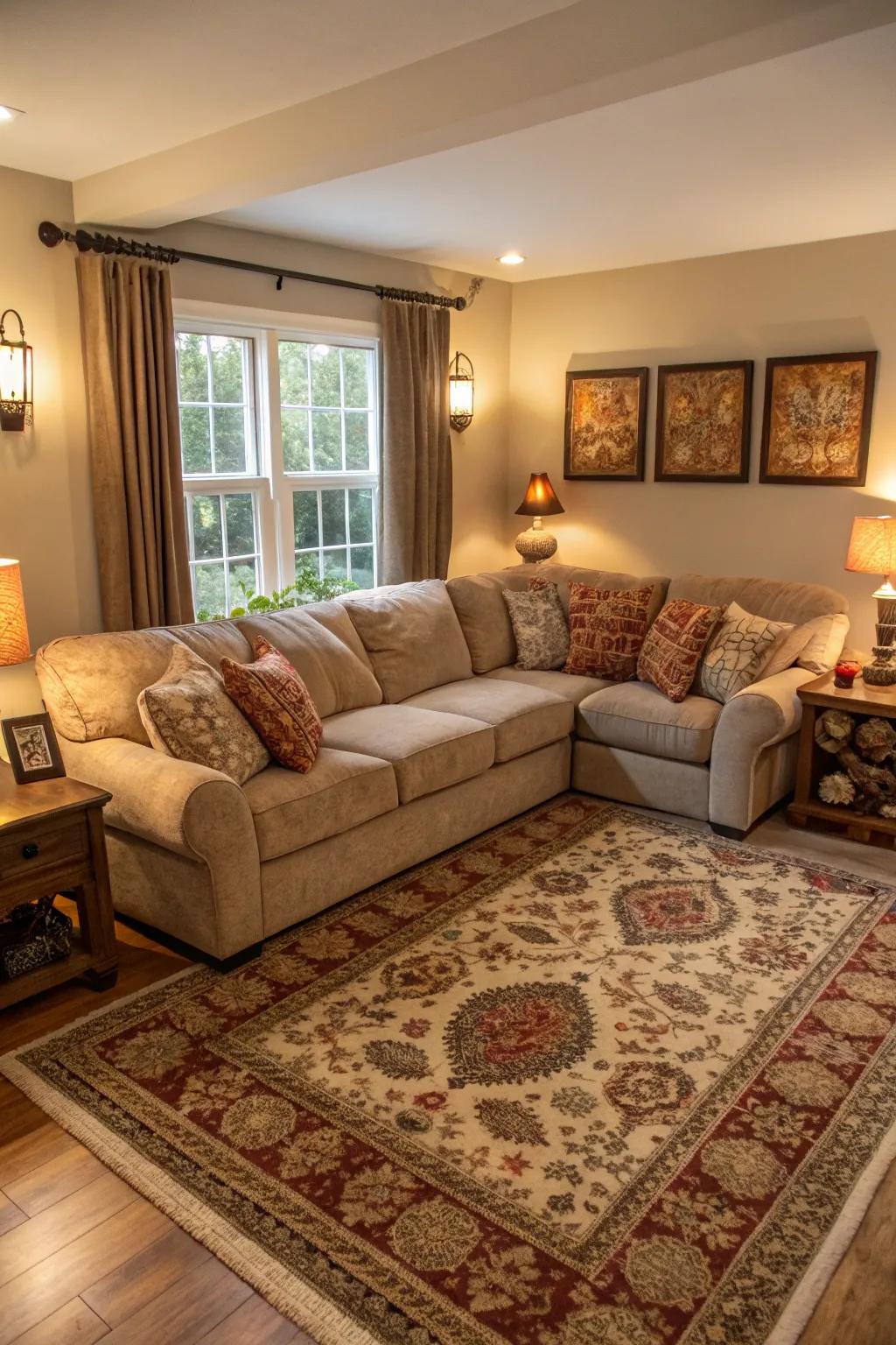 A rug can ground your sectional and bring warmth to the room.
