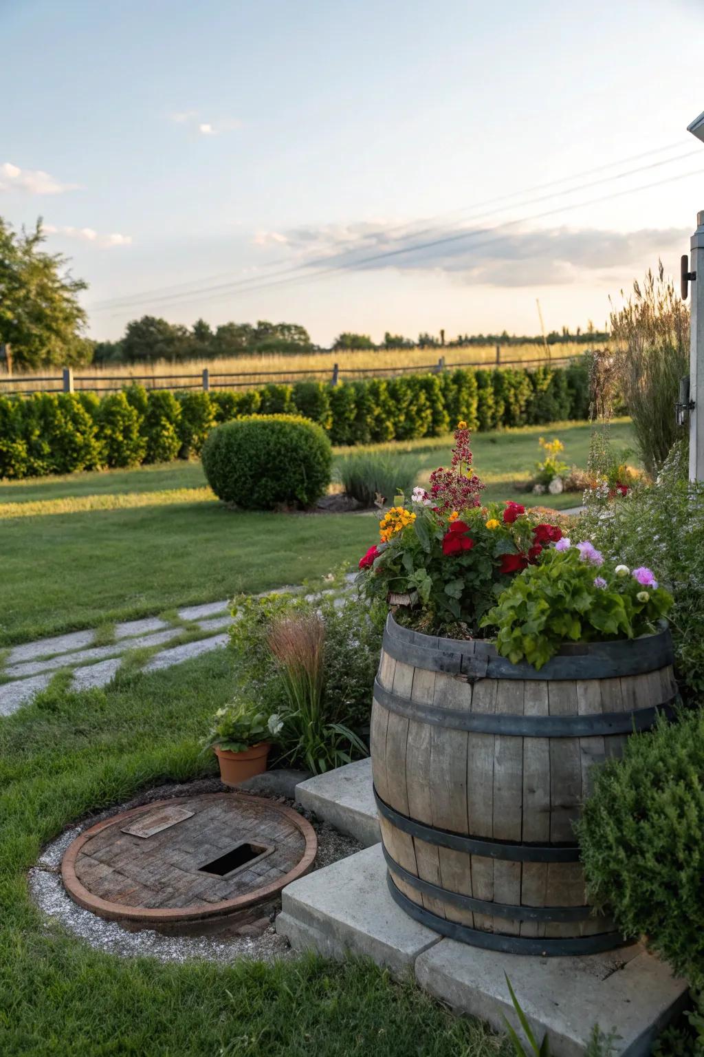 Liquor casks impart a countryside allure to gardens.