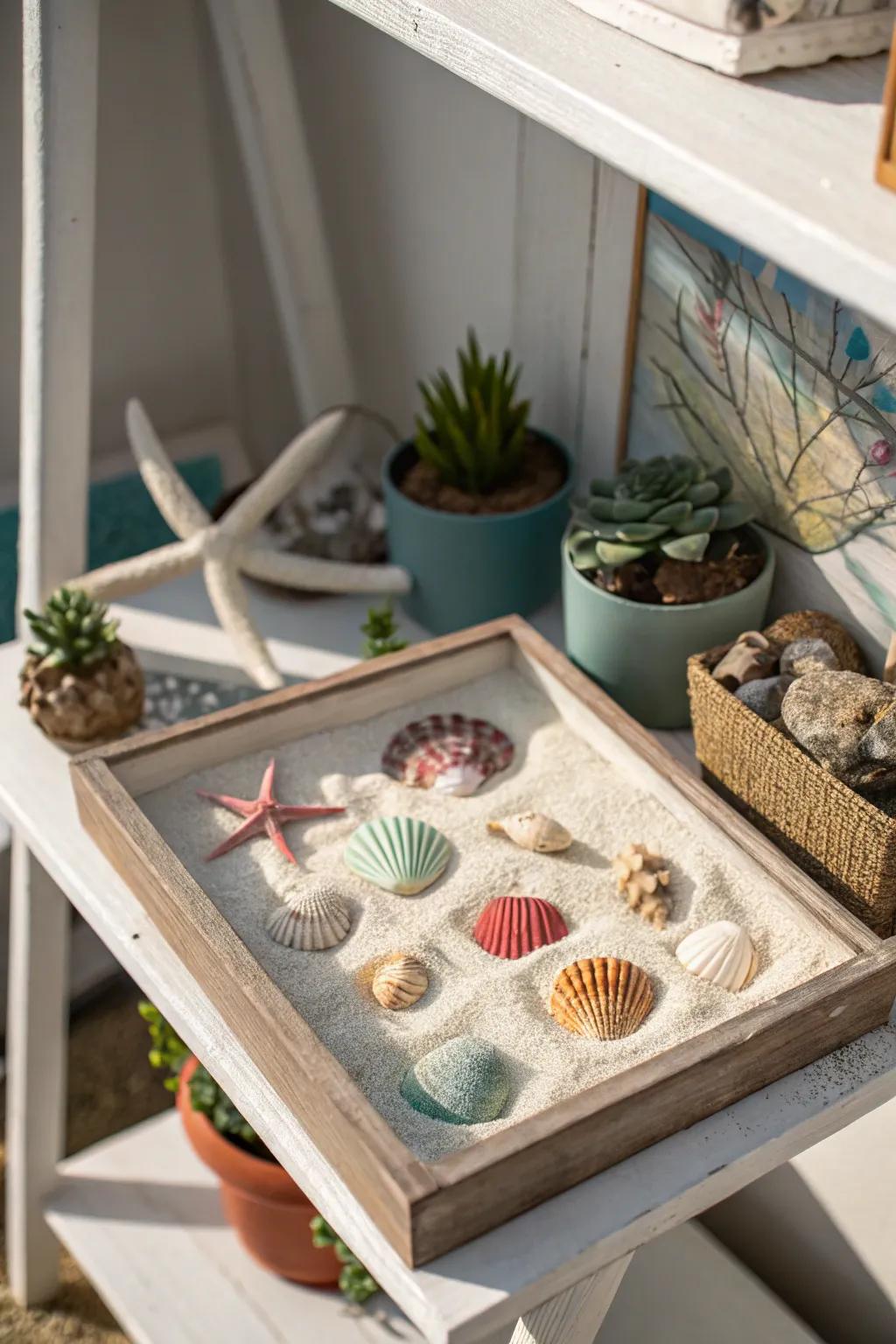 A coastal keepsake display with coastal charm.