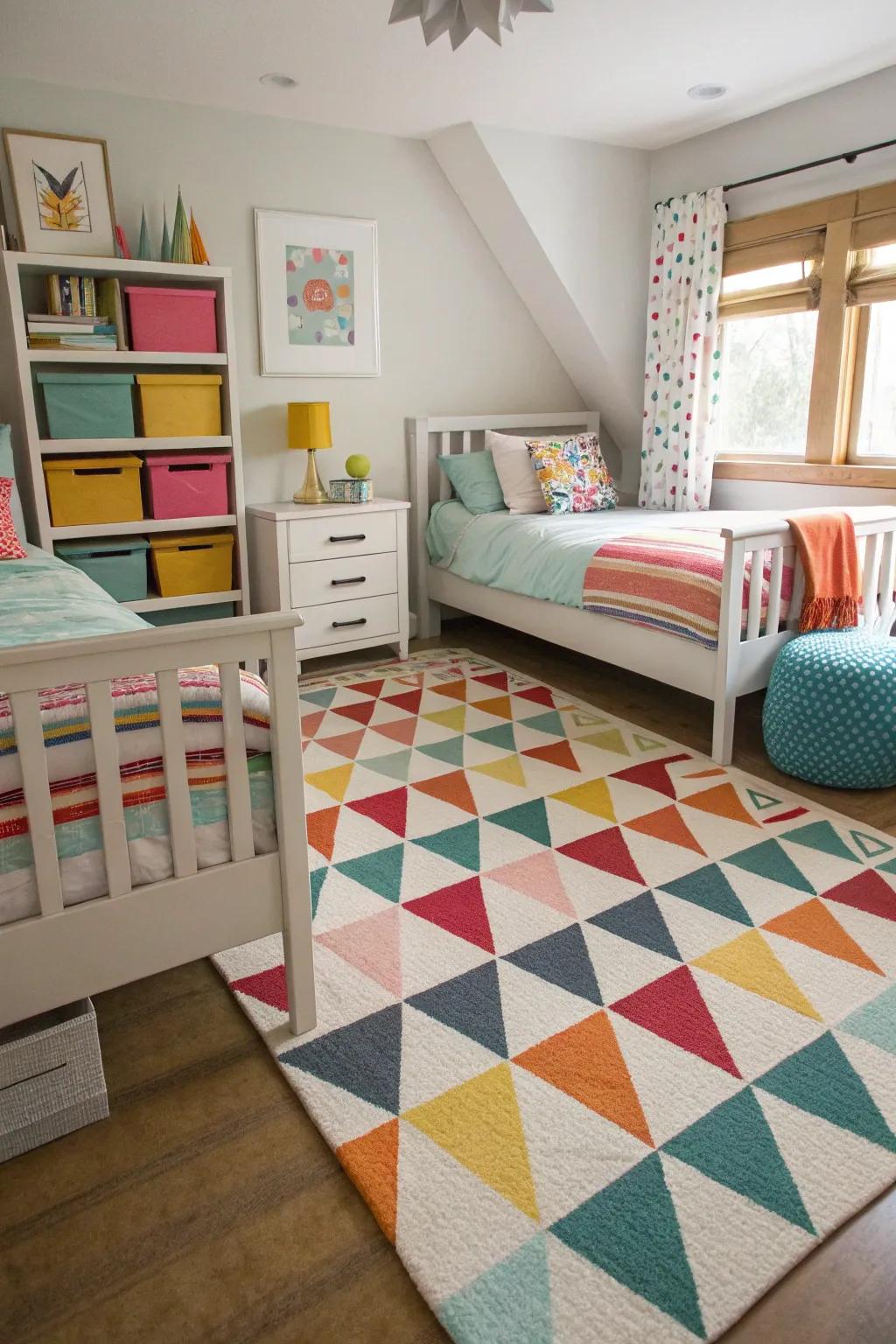 Symmetric floor coverings define space while adding a modern touch.
