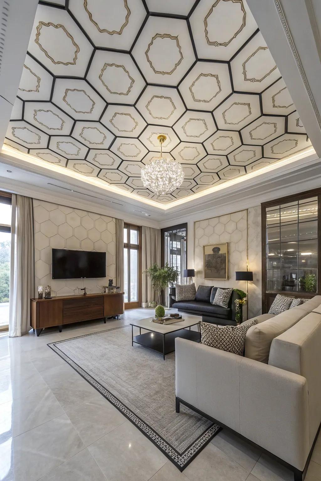 Inventive hexagonal designs within a contemporary shed ceiling.