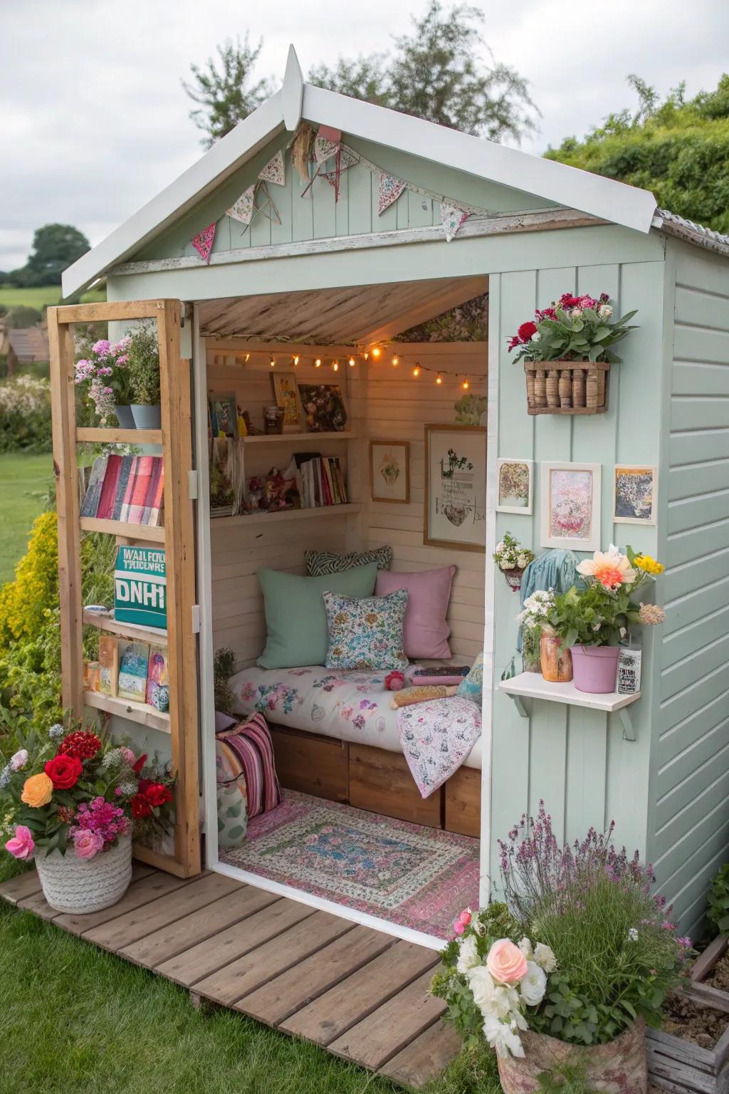 A garden shed transformed into a cozy private sanctuary.