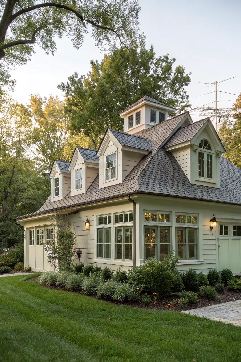 House featuring a shed dormer full of diverse windows.