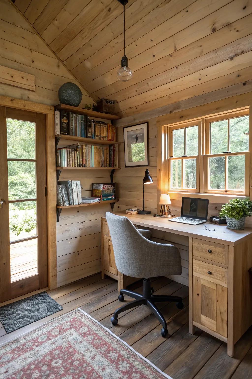 A garden shed home featuring a dedicated home office space for productivity.
