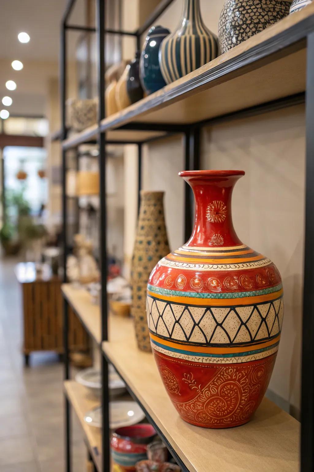 An eye-catching vase serves as a focal point, allowing the shelf to stand out.
