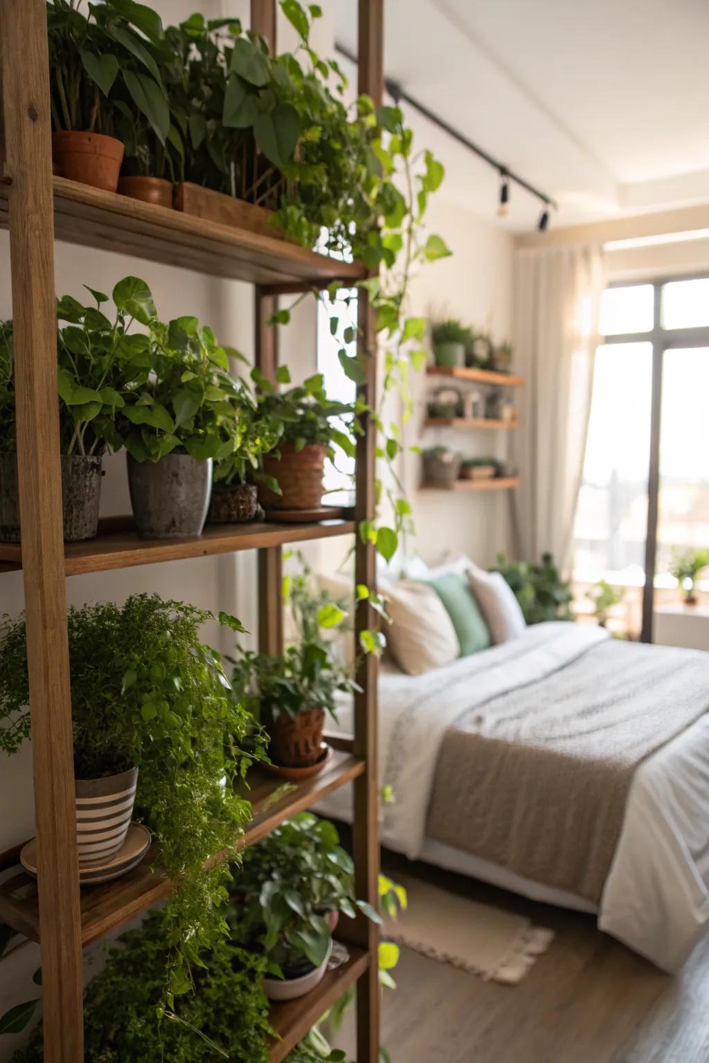 Vertical garden shelves introduce life and freshness.