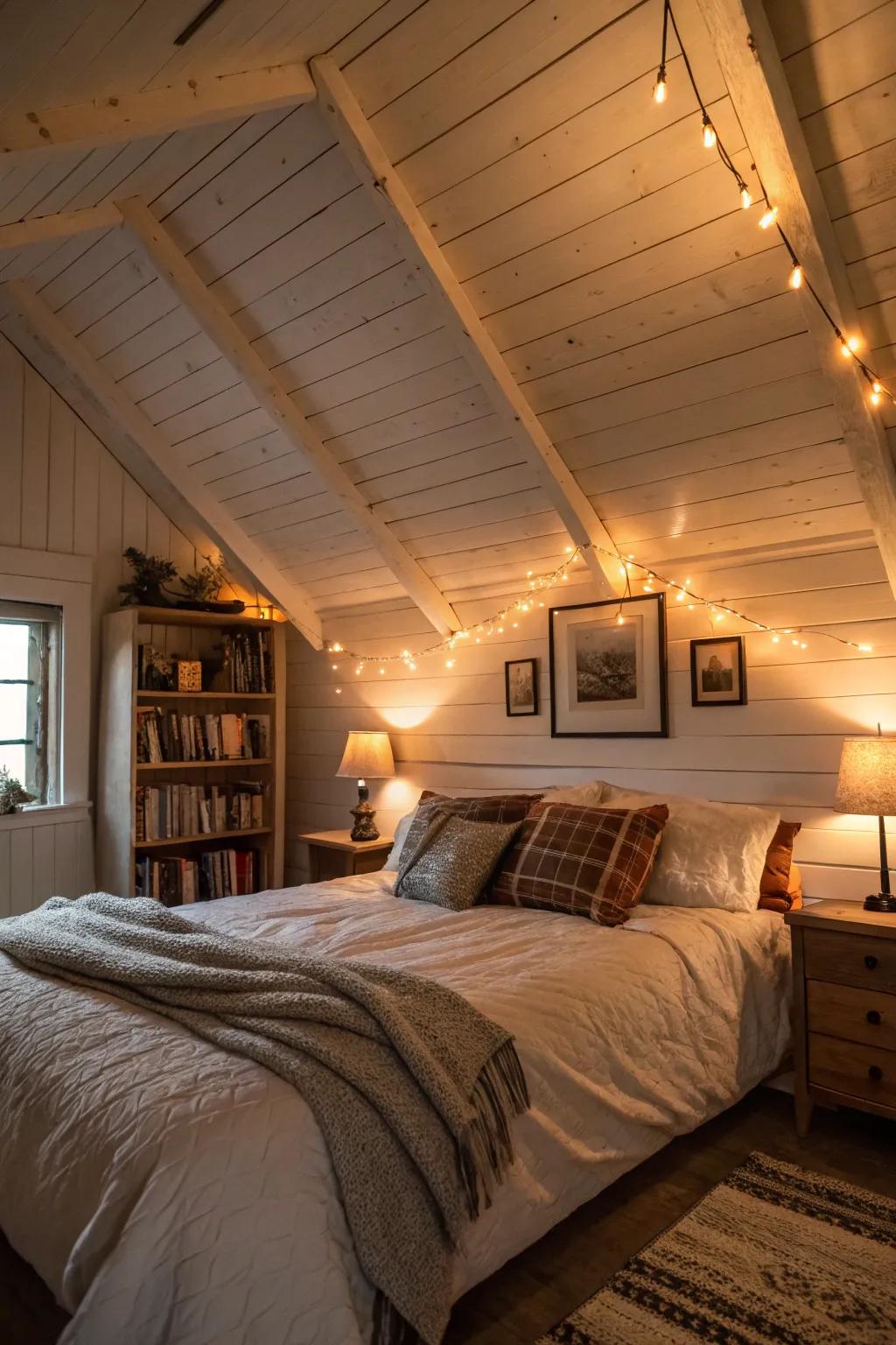 A shiplap ceiling heightens the cozy atmosphere of your bedroom.