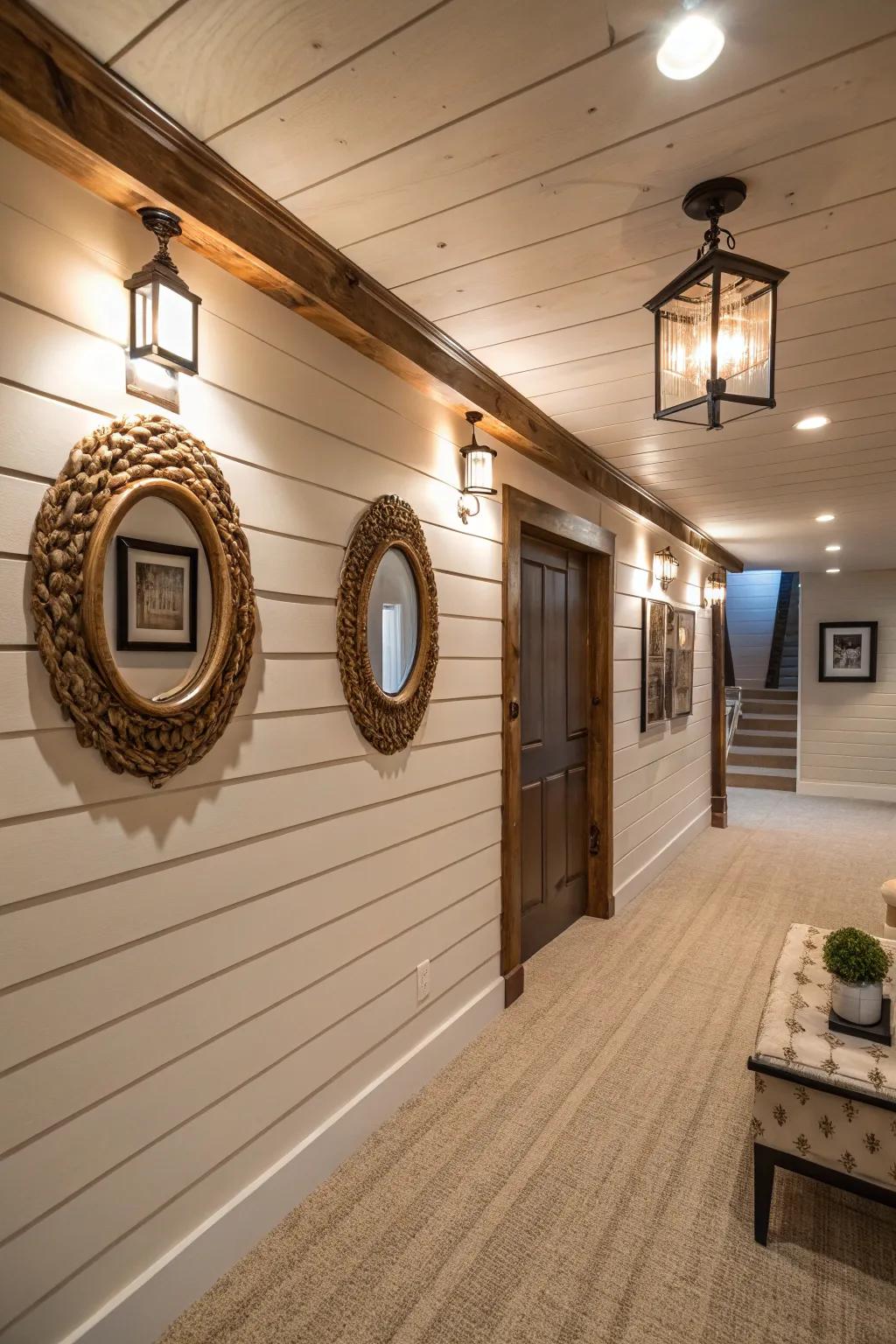 A bright basement showcasing grooveboard walls and mirrors to enhance light.