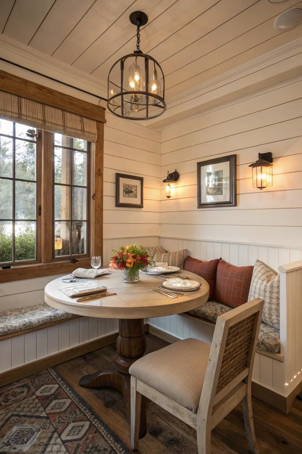 A cozy corner spot with shiplap walls and comfortable seating.