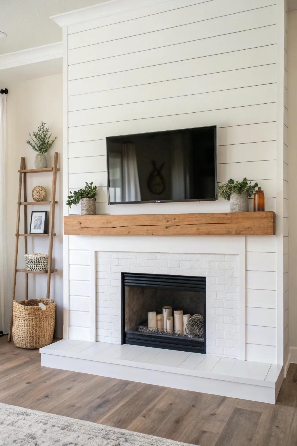 Minimalist shiplap fireplace emphasizing crisp lines and simplicity.