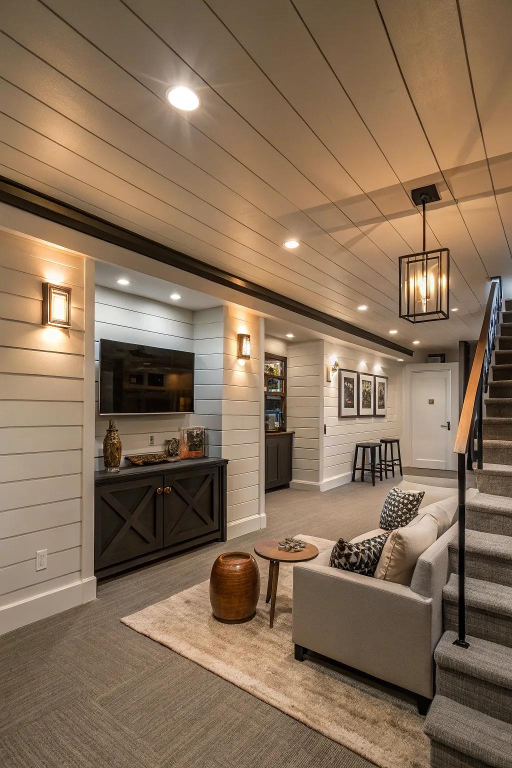 A contemporary touch using modern fixtures and shiplap.
