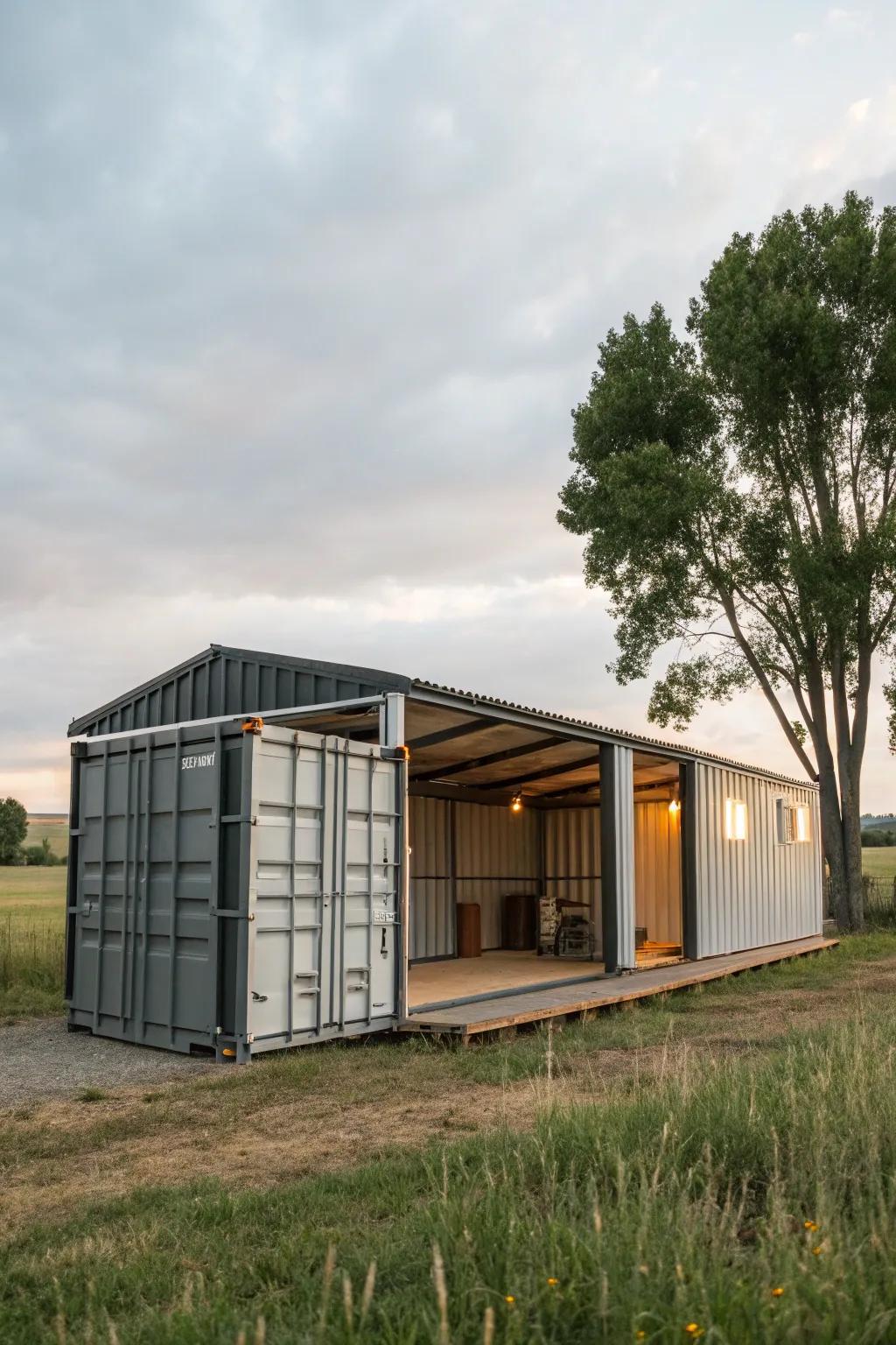A shipping container barn intended for later scaling.