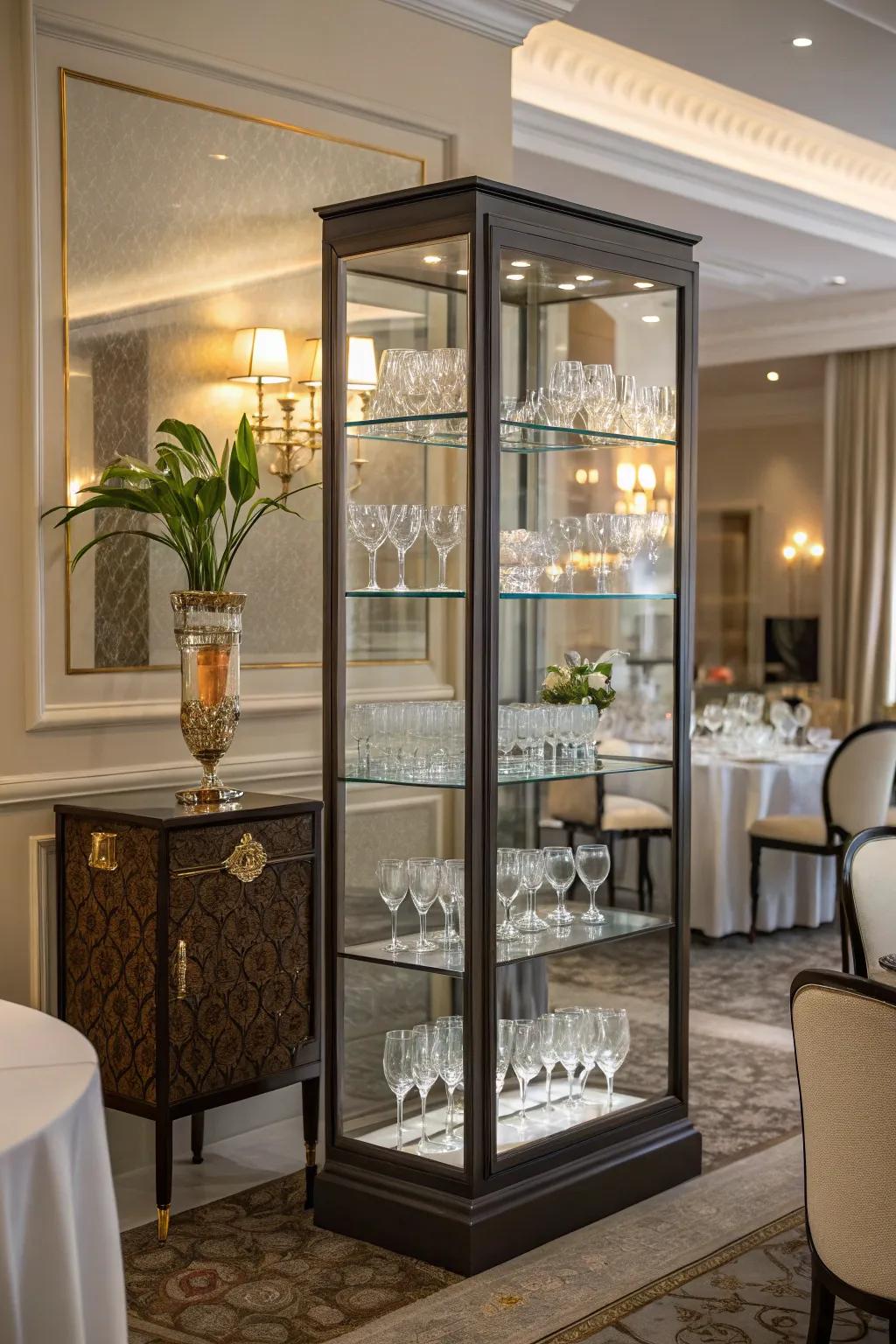 An elegant dining section showcasing a glass cabinet displaying a collection of shot glasses.