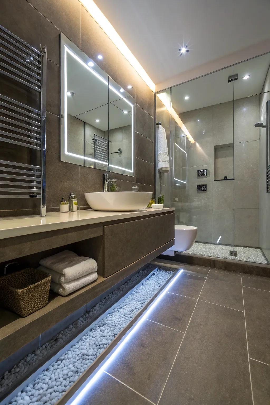 Integrated luminescence appends a modern and opulent accent to shower curbs.