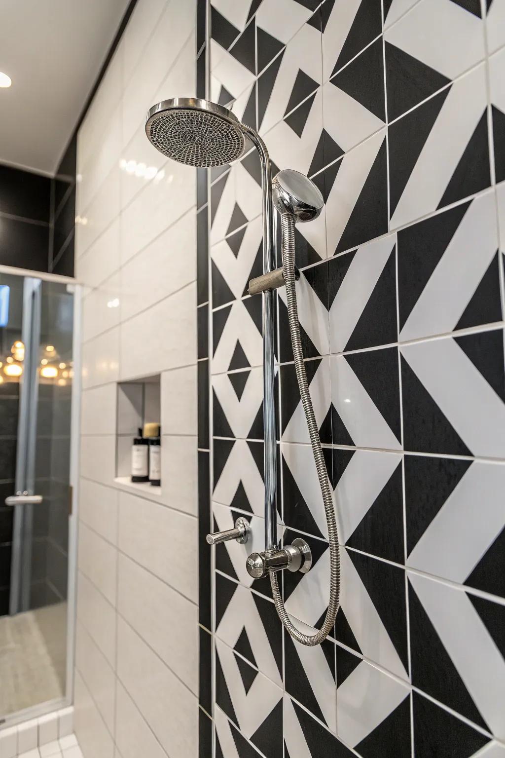 A shower with bold black and white tile contrasts.