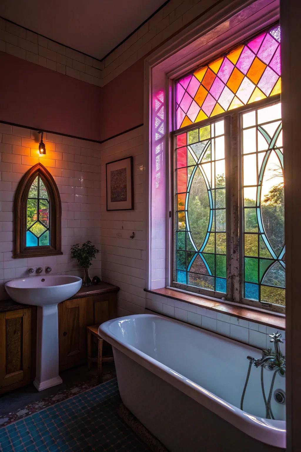 Multicolored glass infuses vibrant artistry into your shower lighting.