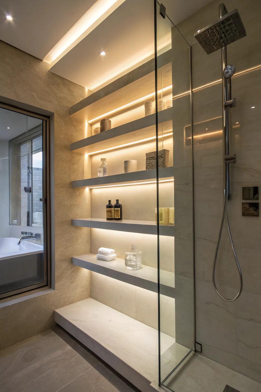 Shelves with integrated lighting enhance both style and function.