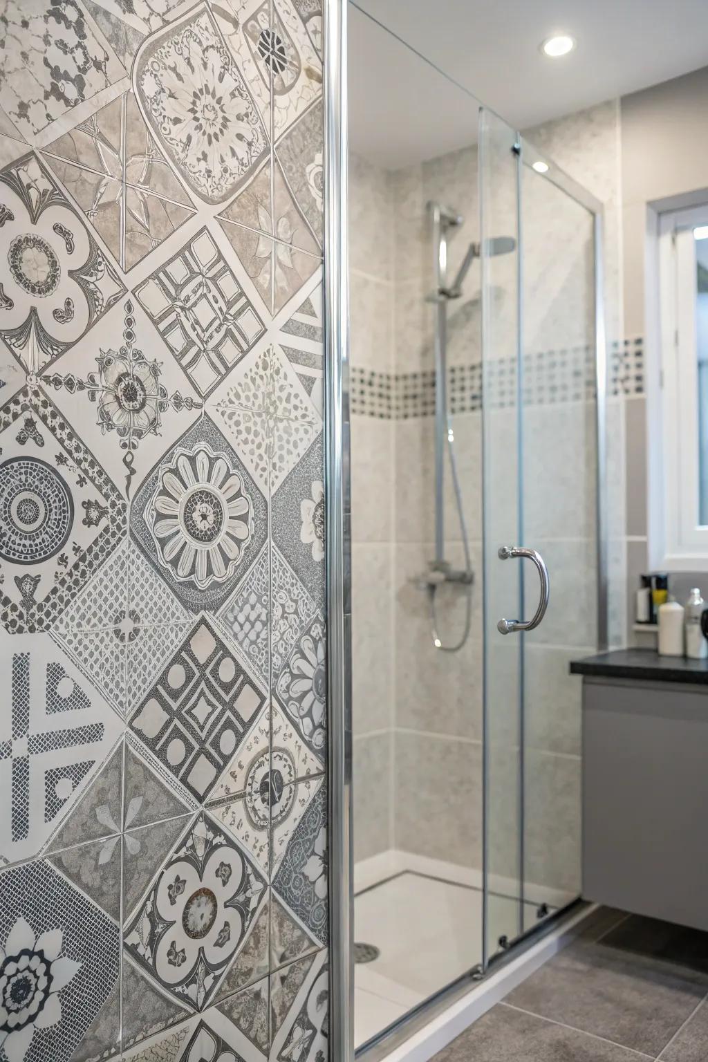A striking eye-catching wall using patterned grey tiles.