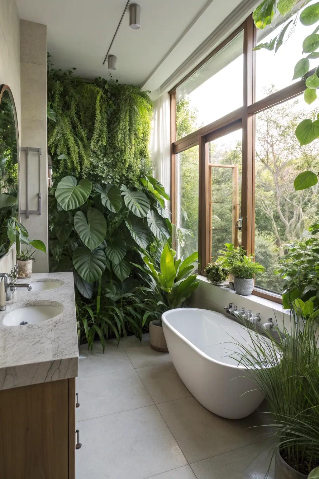 Nature meets design within this refreshing restroom space.