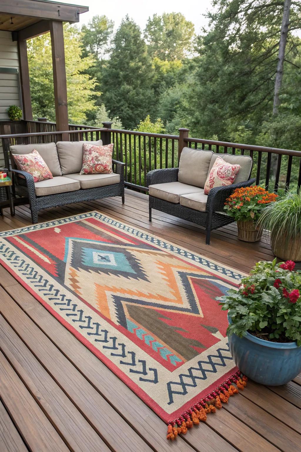 Exterior ground coverings inject texture and delineate areas on your deck.