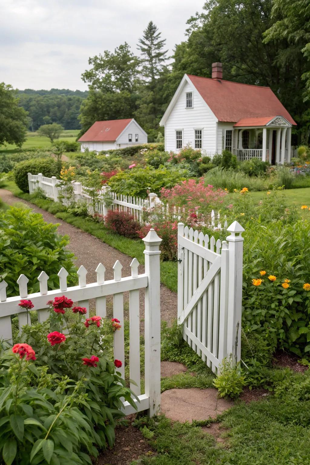 A classic white picket fence imparting timeless charm.