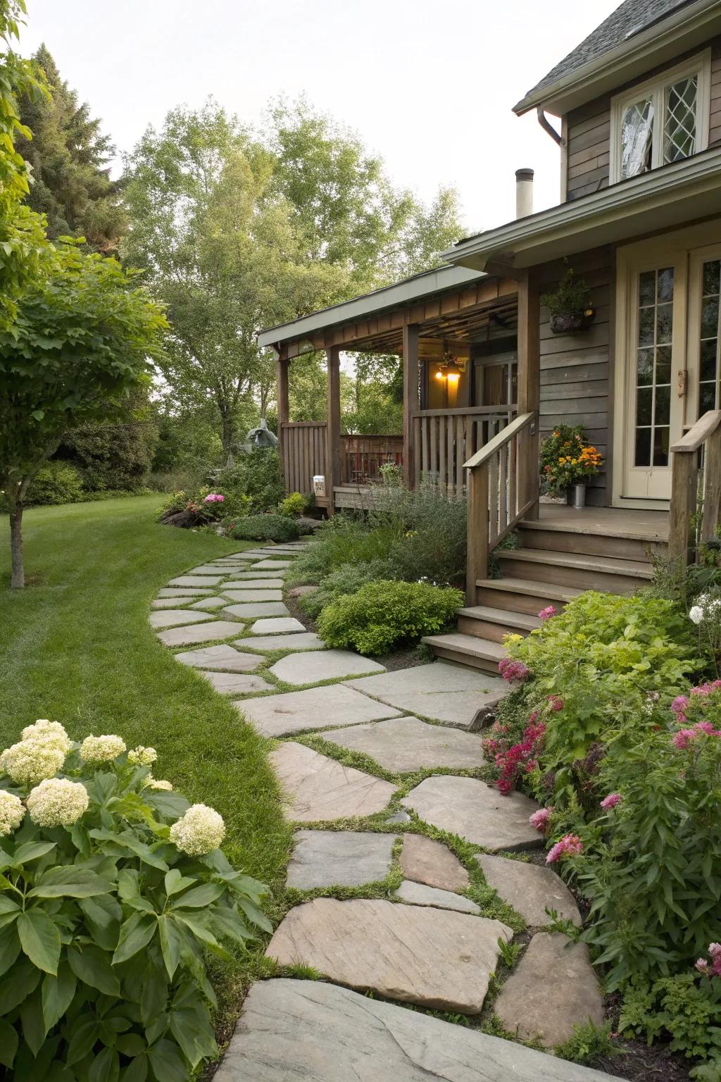 A natural stone path adds elegance and texture to the porch.