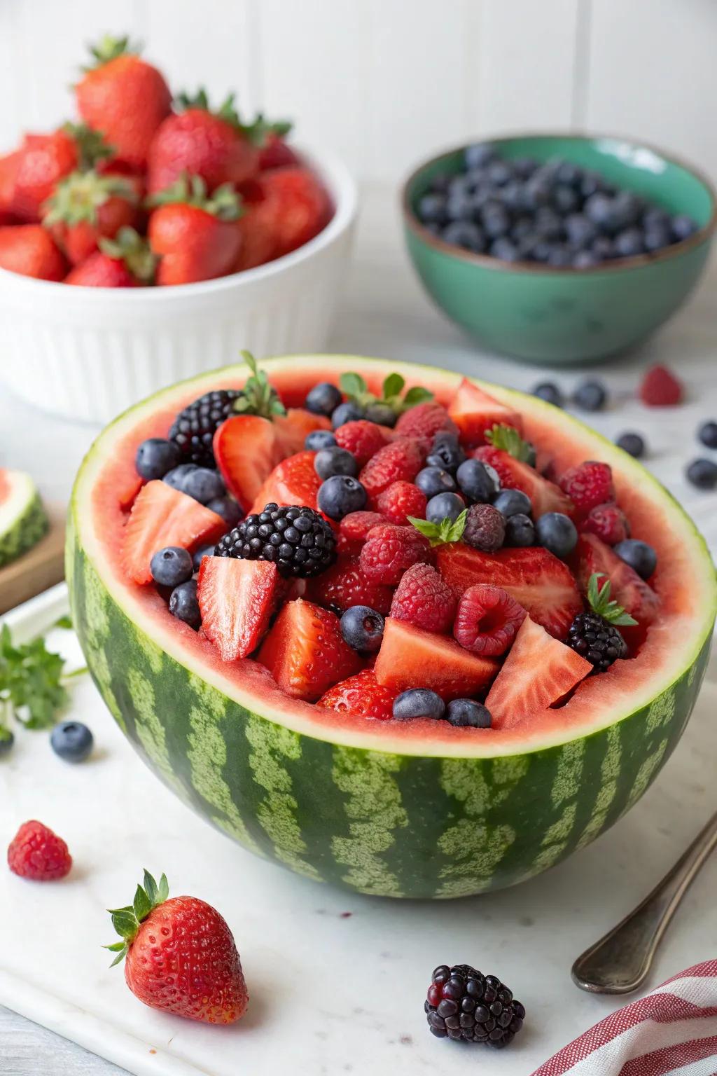 Edible fruit bowls add a whimsical touch.