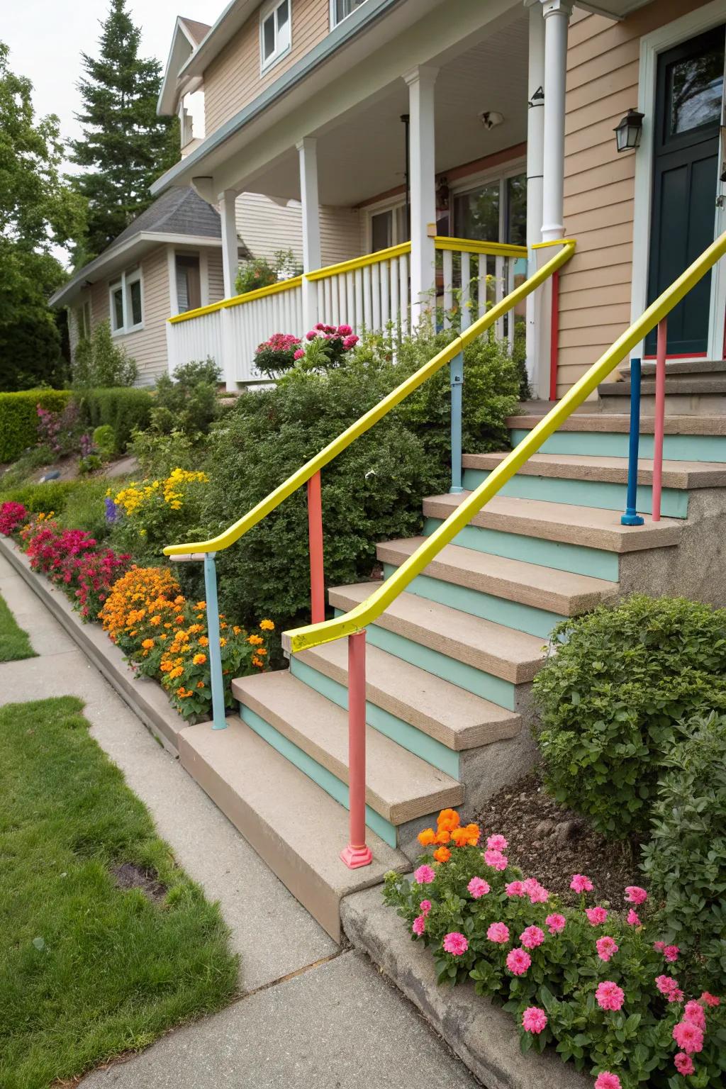 Brightly coated handrails introduce a splash of color and personality.
