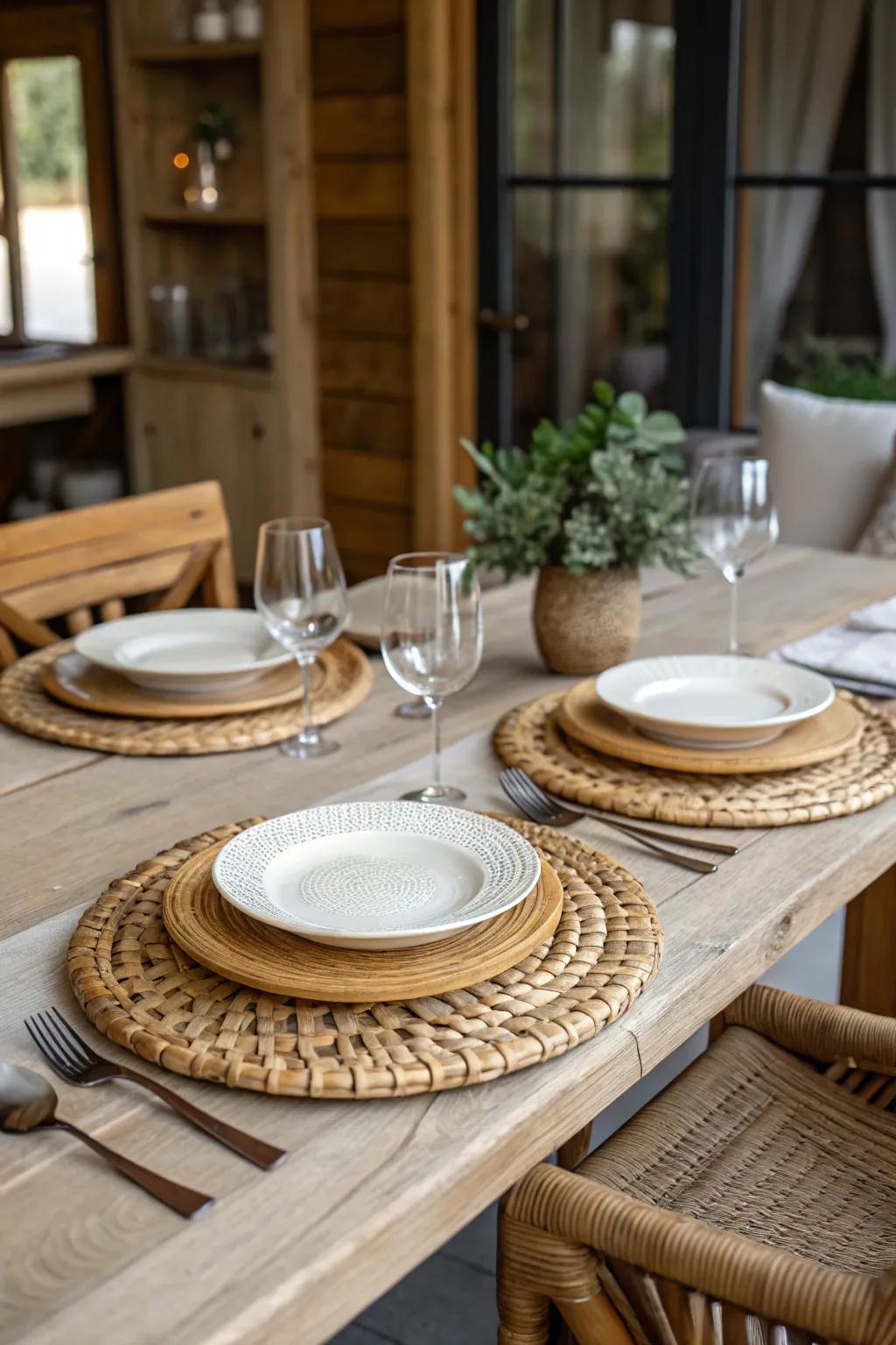 Wicker serving plates delivering texture to a rustic table setting.