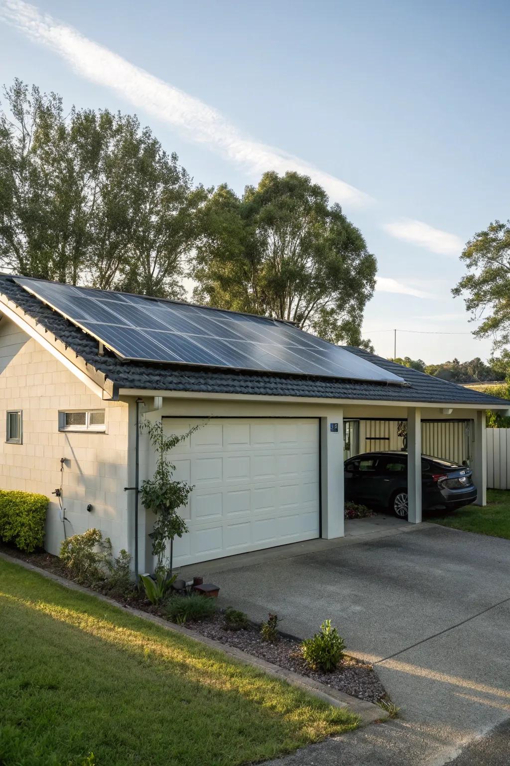 Harness sustainable energy with solar panels on your garage roof.