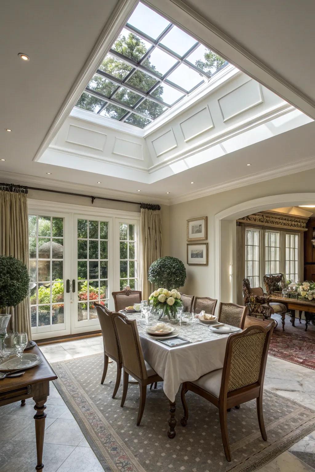 A dining space using a skylight featuring oversized trim.