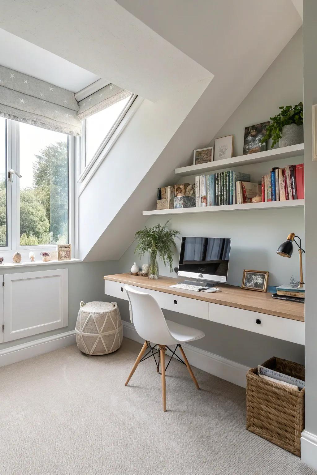 Wall-mounted desks establish effective workspaces in compact areas.