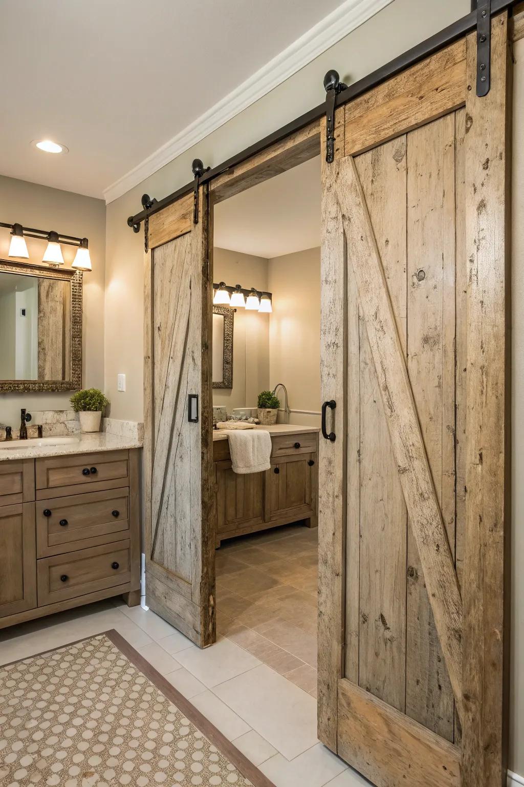 Distressed wood sliding doors lend this eclectic bathroom vintage charm.
