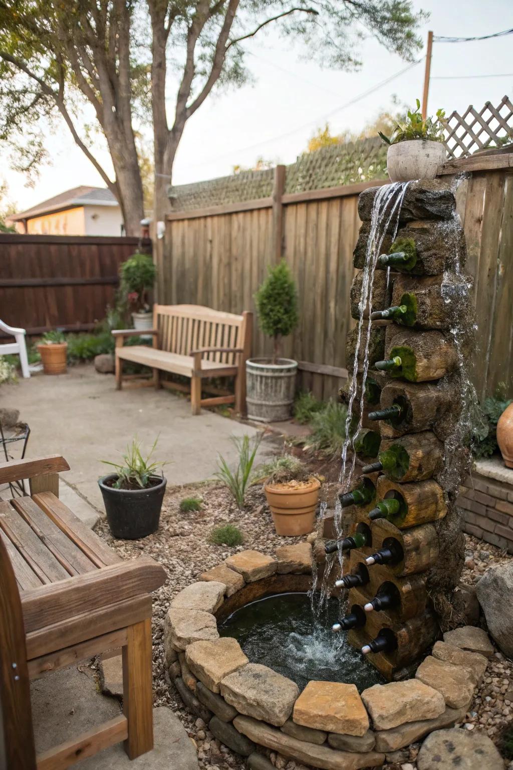 A vino bottle waterfall appends sophistication and fascination.