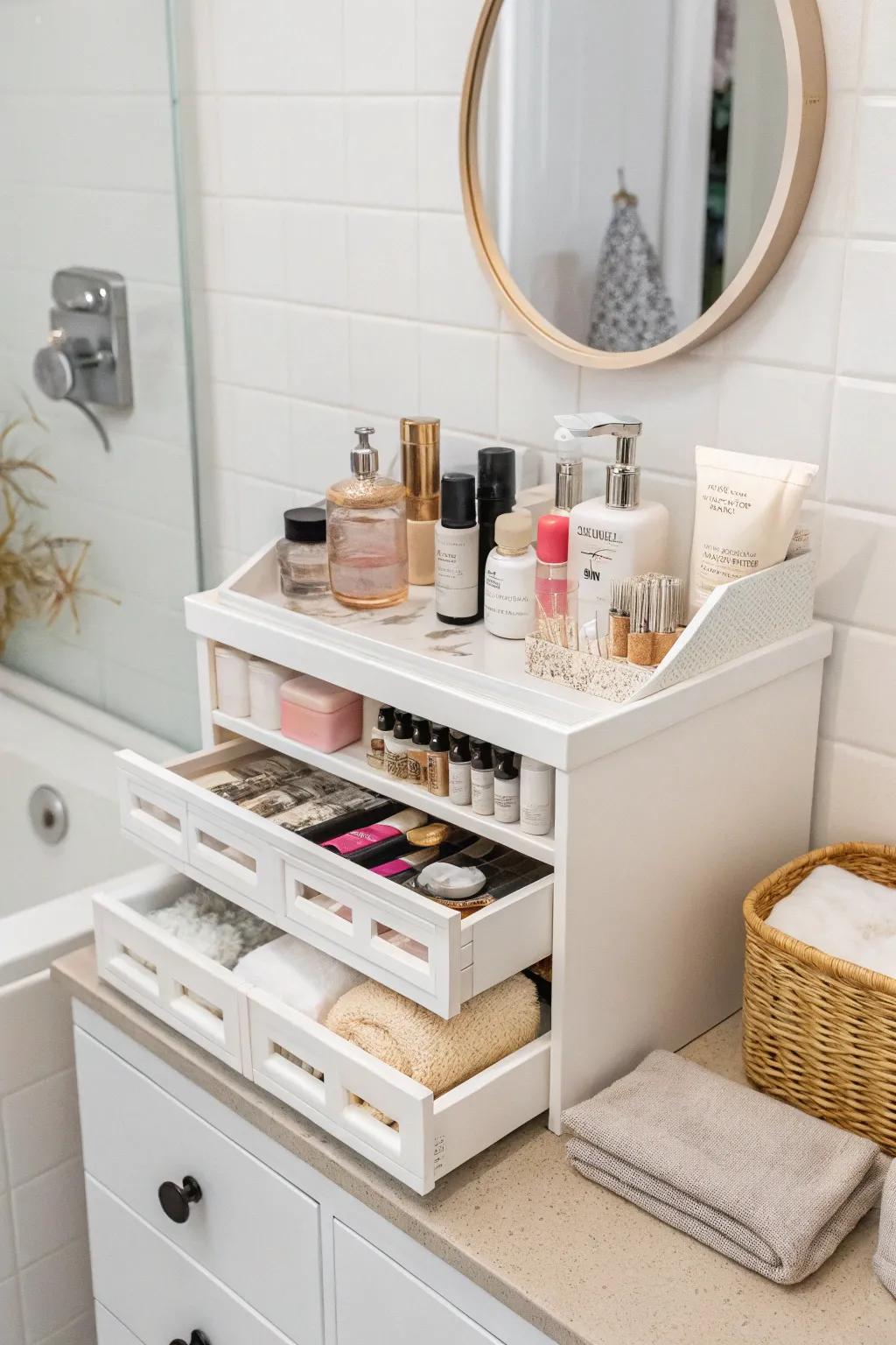 Functional organizers that ensure a tidy and efficient small restroom vanity.