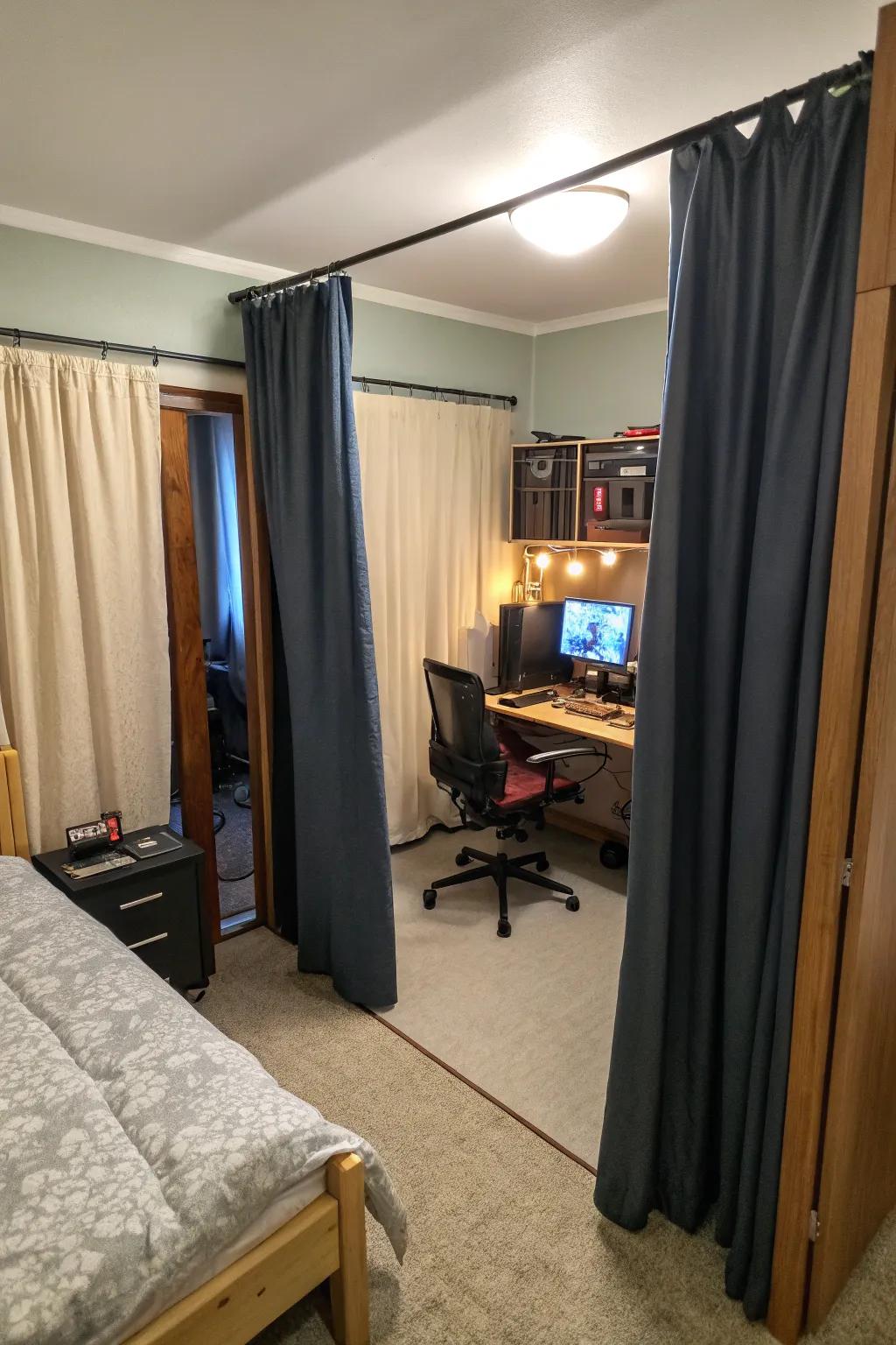 Drapes can create separate zones in the small gaming room.