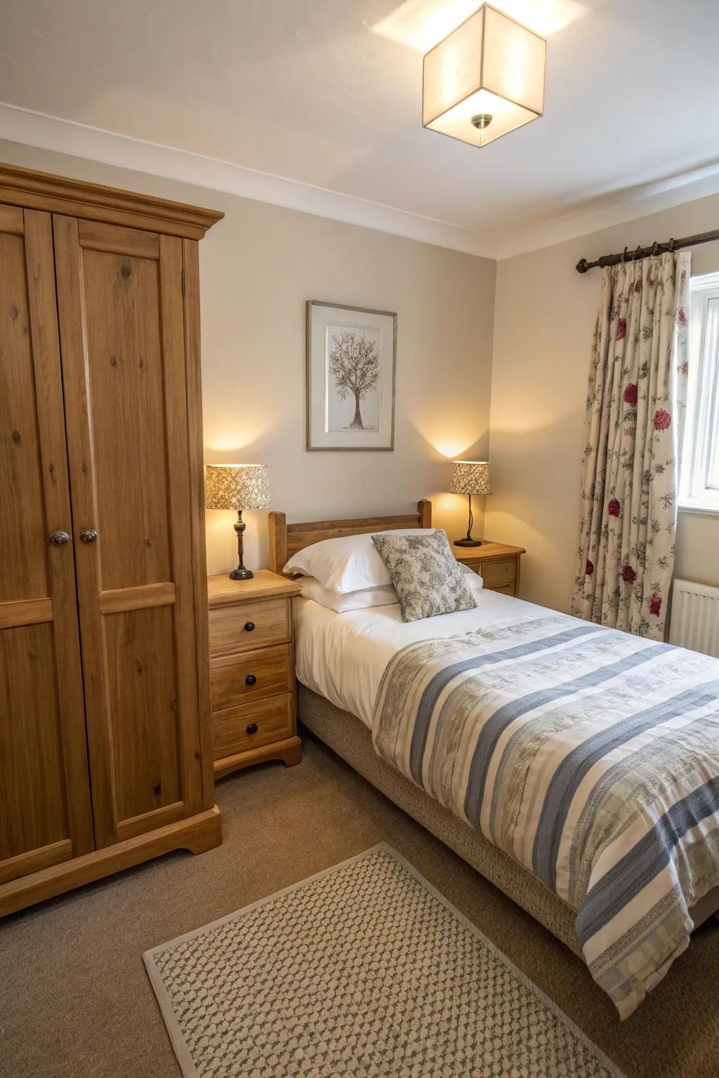 A small bedroom that shows furniture for a balanced look.