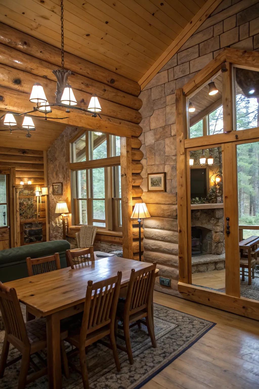 Mirrors in a cabin interior that reflect light and enhance space.