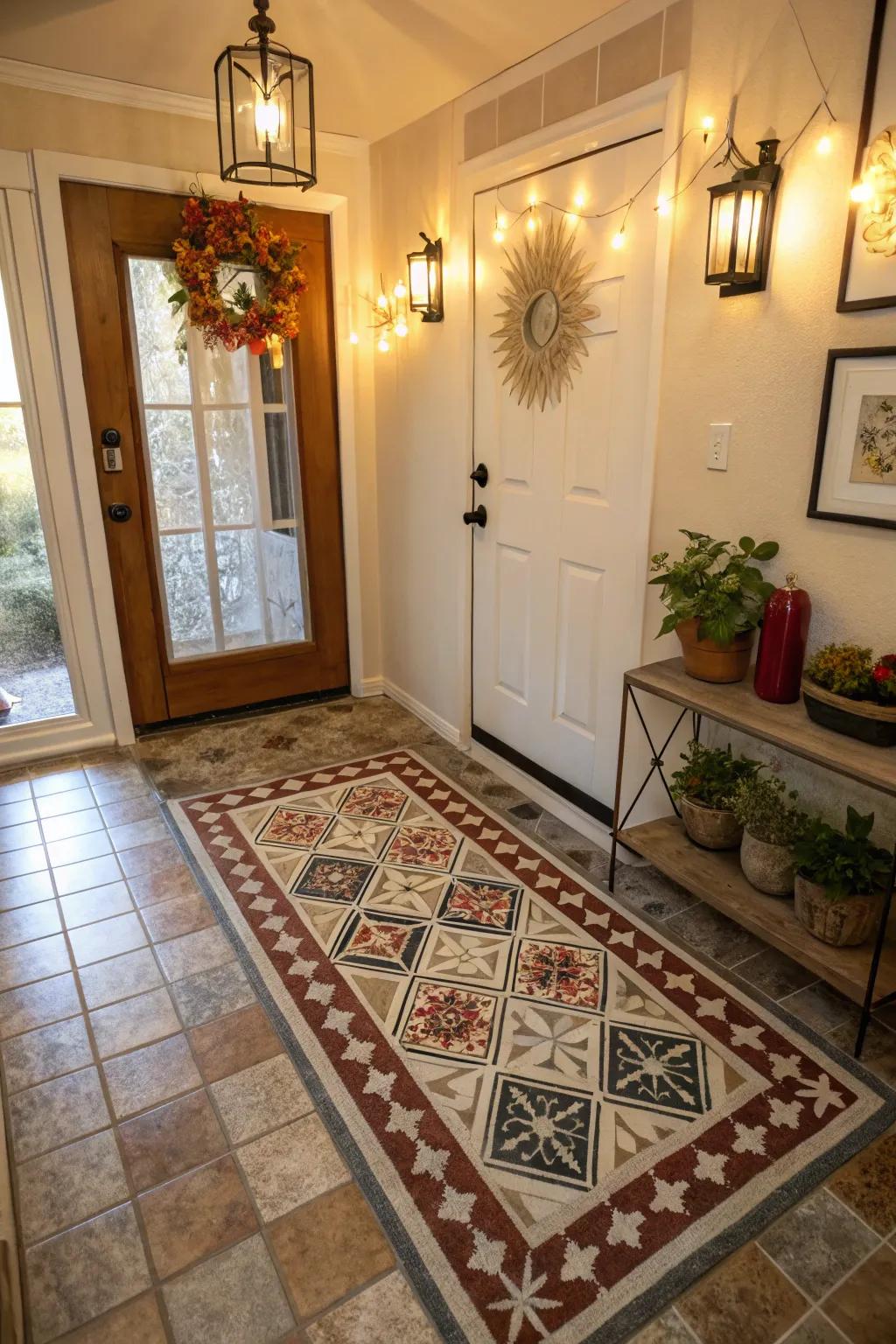 Cozy and Inviting Entryway with Patterned Floor Coverings