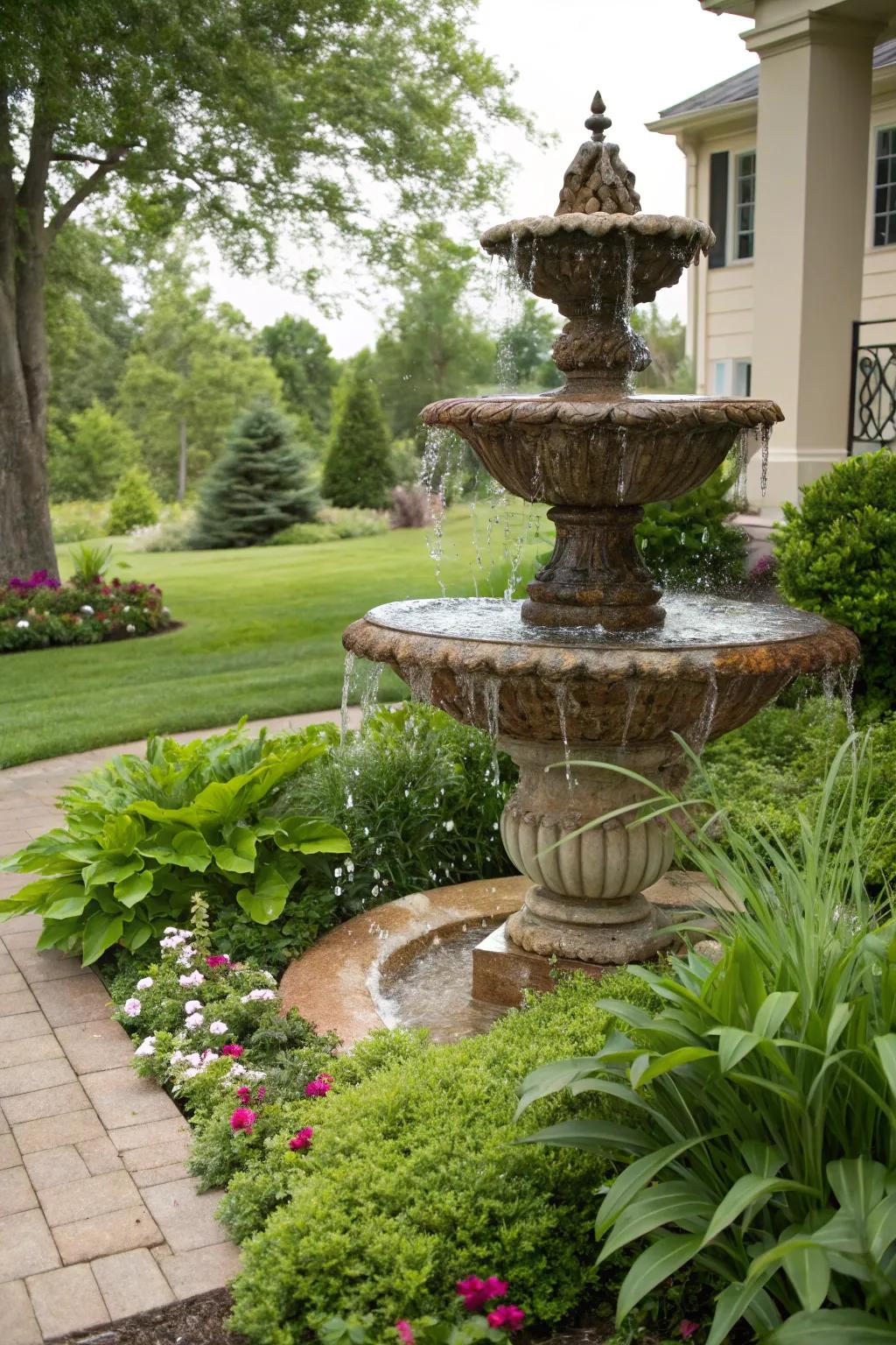 Cascading vessels introduce traditional beauty to your front yard.