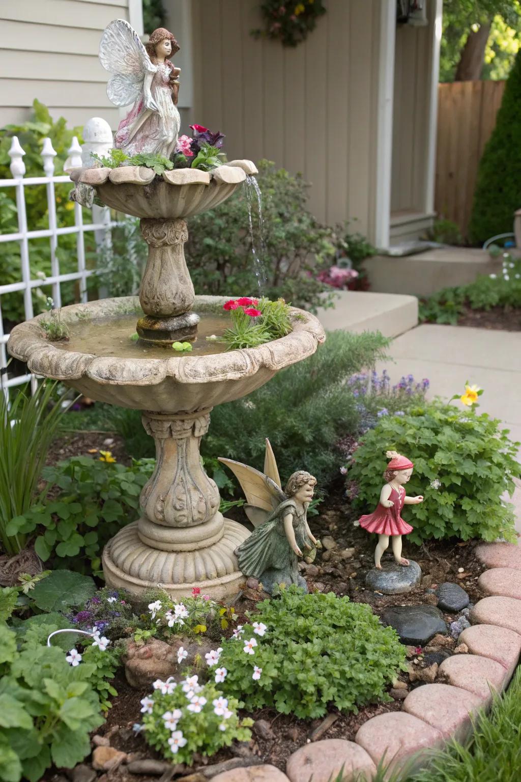 A sprite-themed water feature adds a magical, whimsical accent.