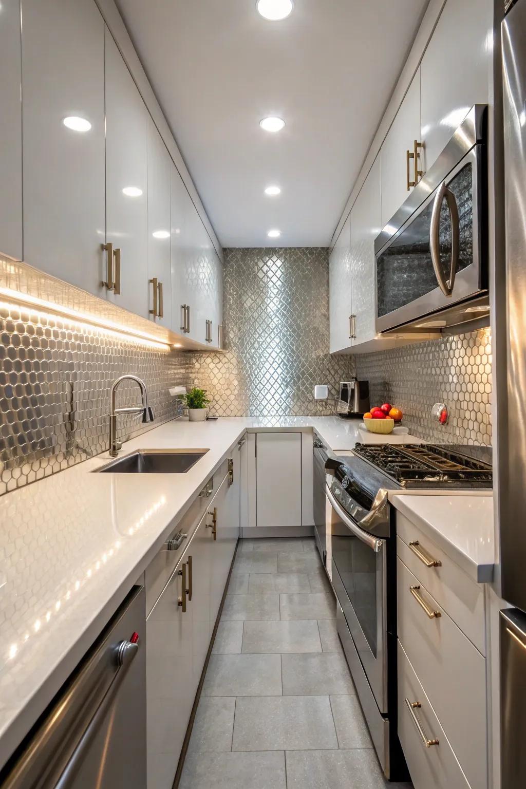 A striking backsplash contributes depth and vibrancy.