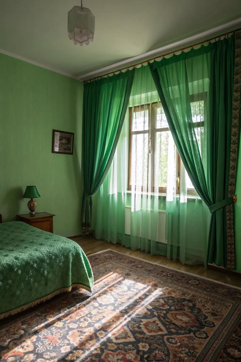 Green fabrics add color and texture subtly.
